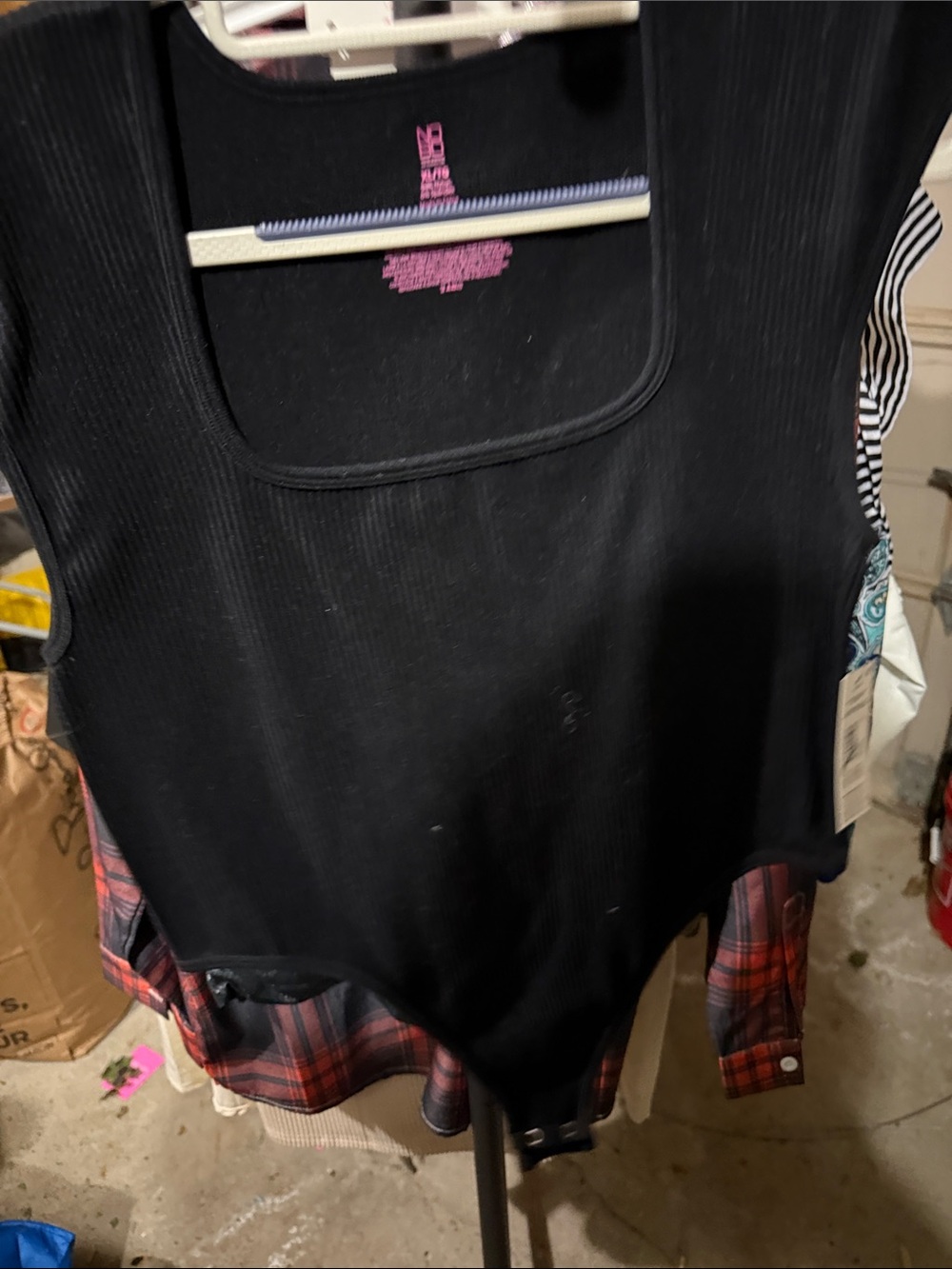 No Boundaries Black Ribbed Bodysuit with Red Plaid Hem